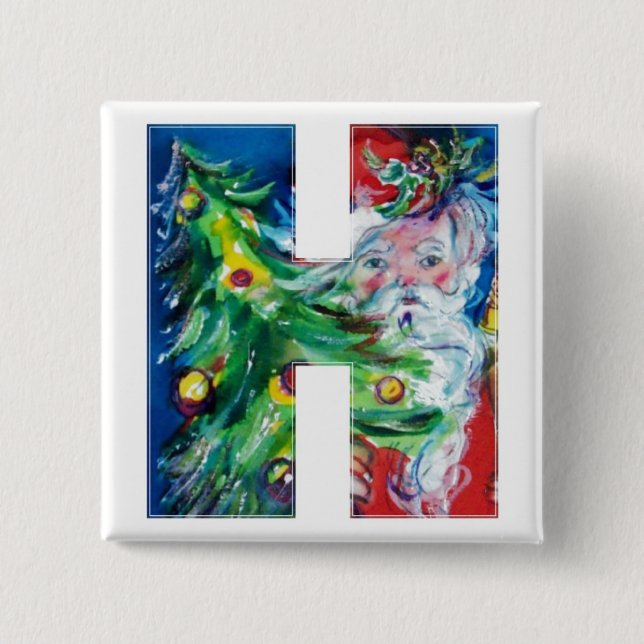 SANTA WITH  BALLOONS AND CHRISTMAS TREE H MONOGRAM 15 CM SQUARE BADGE (Front)