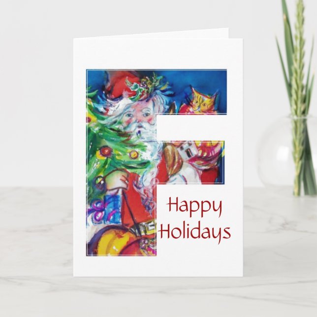 SANTA WITH  BALLOONS AND CHRISTMAS TREE MONOGRAM HOLIDAY CARD (Front)