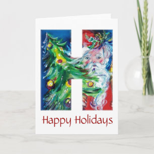 SANTA WITH BALLOONS AND CHRISTMAS TREE MONOGRAM HOLIDAY CARD