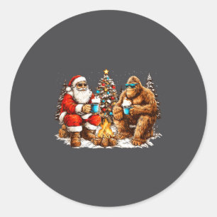 Santa With Bigfoot Christmas Campfire Funny Sasqua Classic Round Sticker