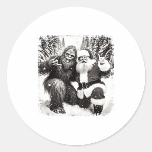 Santa With Bigfoot Christmas Lights Funny Sasquatc Classic Round Sticker