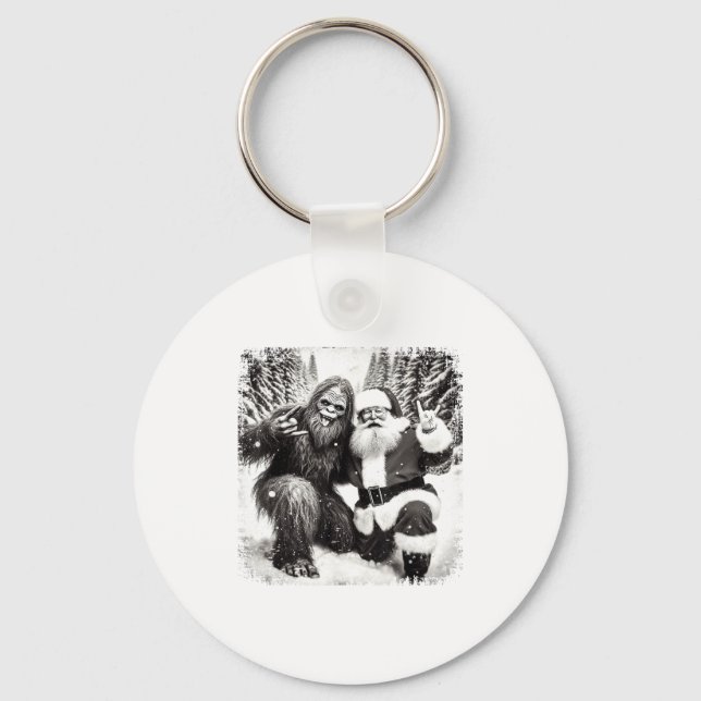 Santa With Bigfoot Christmas Lights Funny Sasquatc Key Ring (Front)