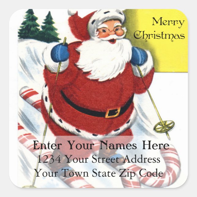 Santa With Candy Cane Skis Vintage Address Label (Front)