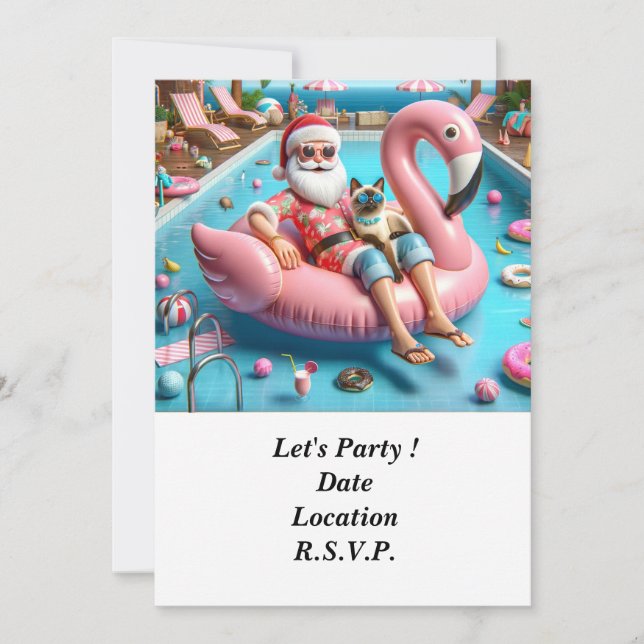 Santa with cat floating in pool Christmas Party  Invitation (Front)
