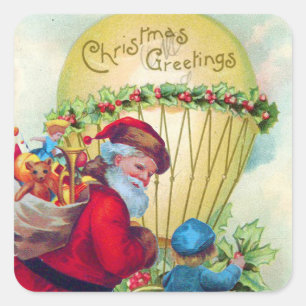SANTA WITH CHILD ,CHRISTMAS BALLOON,HOLLYBERRIES SQUARE STICKER