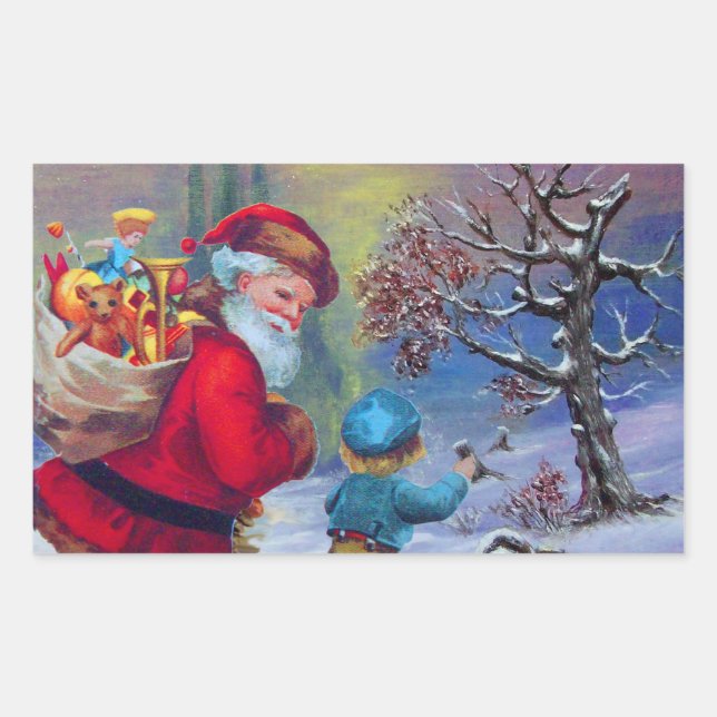 SANTA WITH CHILD IN THE WINTER SNOW RECTANGULAR STICKER (Front)