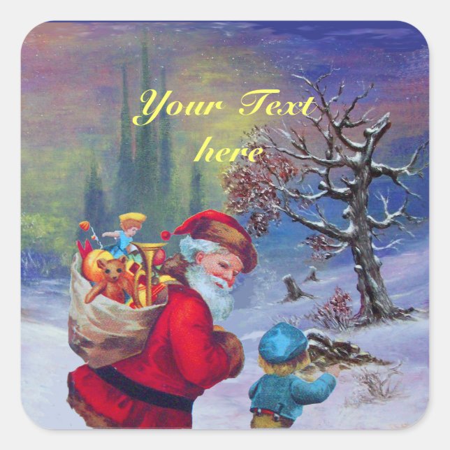 SANTA WITH CHILD IN THE WINTER SNOW SQUARE STICKER (Front)