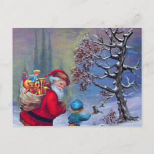 SANTA WITH CHILD IN WINTER SNOW LANDSCAPE HOLIDAY POSTCARD