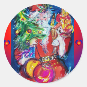 SANTA WITH CHRISTMAS TREE AND GIFTS CLASSIC ROUND STICKER
