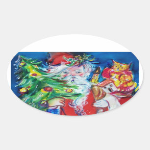 SANTA WITH CHRISTMAS TREE AND GIFTS OVAL STICKER