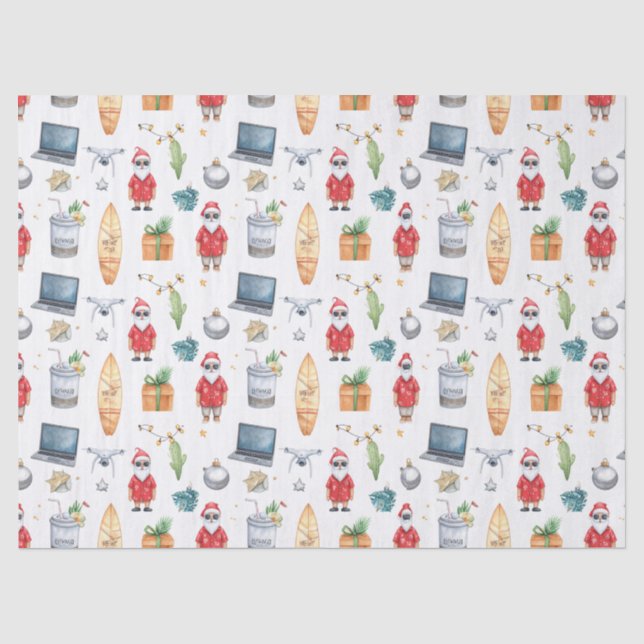 Santa with computer and Surfboard on Christmas  Tissue Paper (Front)