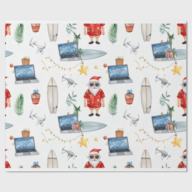 Santa with computer and Surfboard on Christmas  Wrapping Paper (Flat)