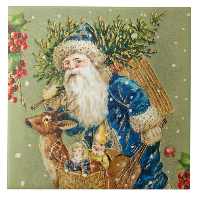 SANTA WITH DEER AND CHRISTMAS GIFTS IN WINTER SNOW TILE (Front)