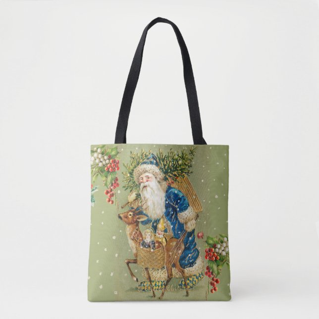 SANTA WITH DEER AND CHRISTMAS GIFTS IN WINTER SNOW TOTE BAG (Front)
