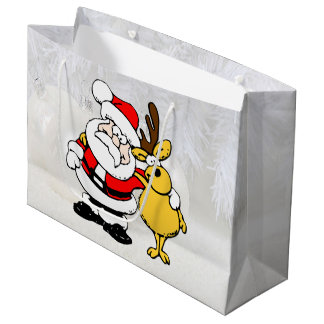 Santa With Deer Cartoon Large Gift Bag