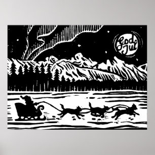 Santa with Dog Sleigh in the Arctic Lino Print