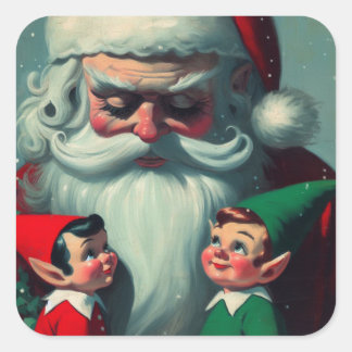 Santa with Elves Retro Christmas Vintage  Square Sticker