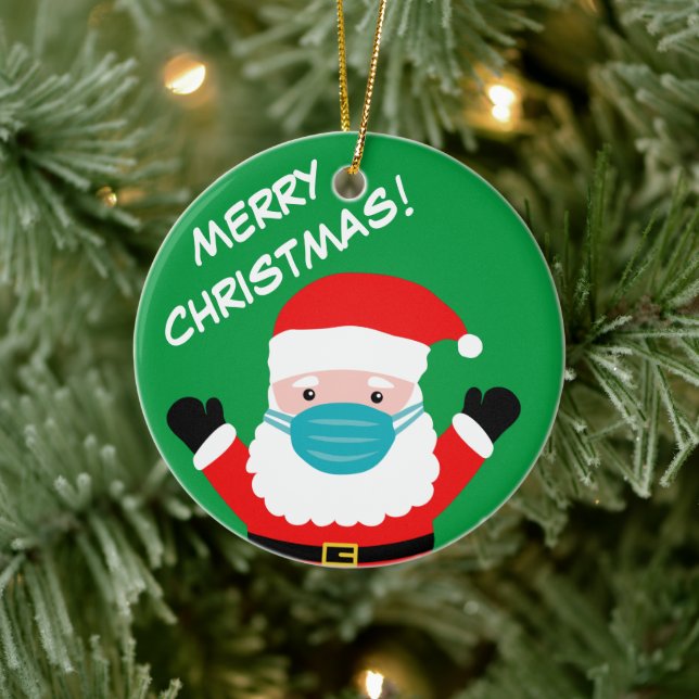 Santa with face mask cartoon custom Christmas Ceramic Tree Decoration (Tree)