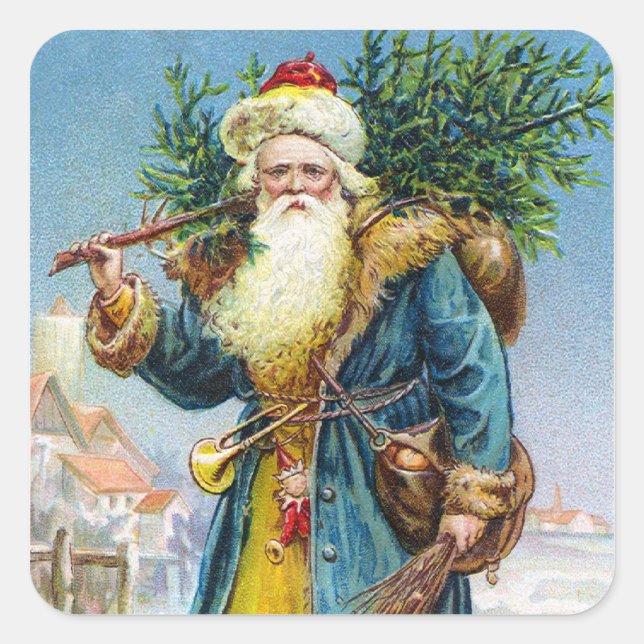 Santa with Fir Tree Square Sticker (Front)