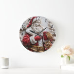Santa with gifts for a joyous Christmas Large Clock<br><div class="desc">A joyful Santa Claus,  intricately crafted,  stands proudly with gifts in hand,  embodying the spirit of the holiday season. His vibrant red suit is adorned with fluffy white fur,  while his expressive face radiates warmth and cheer.</div>