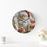 Santa with gifts for a merry Christmas Large Clock<br><div class="desc">A radiant Santa Claus,  adorned in his classic red suit and fluffy white beard,  stands amidst enchanting holiday decorations. He clutches beautifully wrapped gifts,  ready to spread joy and cheer.</div>