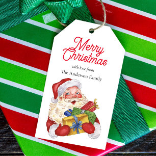 Santa with gifts traditional watercolor painting  gift tags