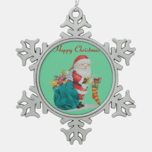 santa with green sack filled with christmas gifts snowflake pewter christmas ornament