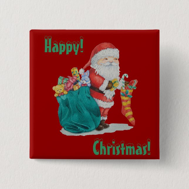 santa with green sack getting ready for christmas 15 cm square badge (Front)