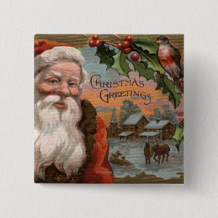 Santa with Holly, Village Scene 15 Cm Square Badge