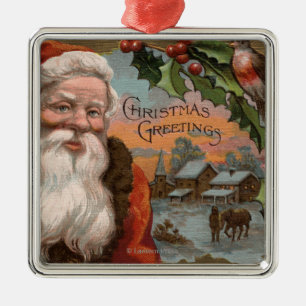 Santa with Holly, Village Scene Metal Tree Decoration