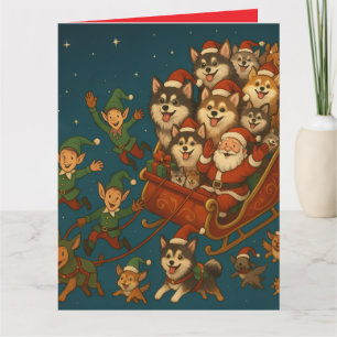 Santa with joyous pups and elves! card