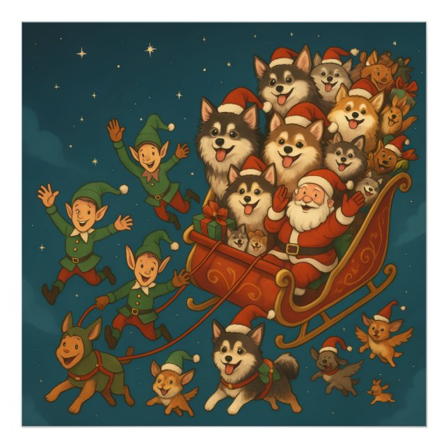 Santa with joyous pups and elves! photo print (Front)