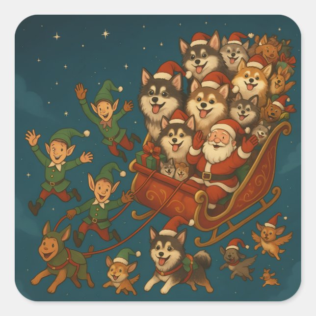 Santa with joyous pups and elves! square sticker (Front)