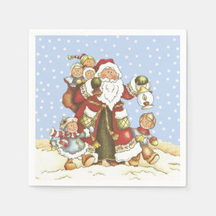 Santa With Lantern Children in Falling snow Napkin