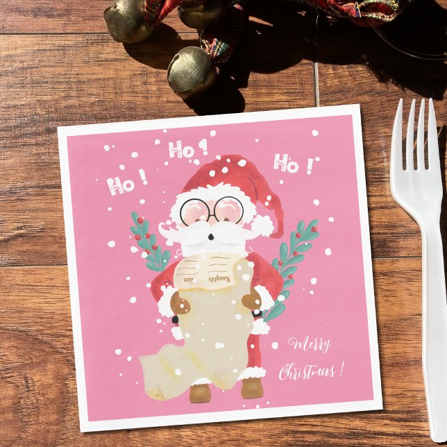 Santa With List Pink Christmas Paper Napkins (Creator Uploaded)