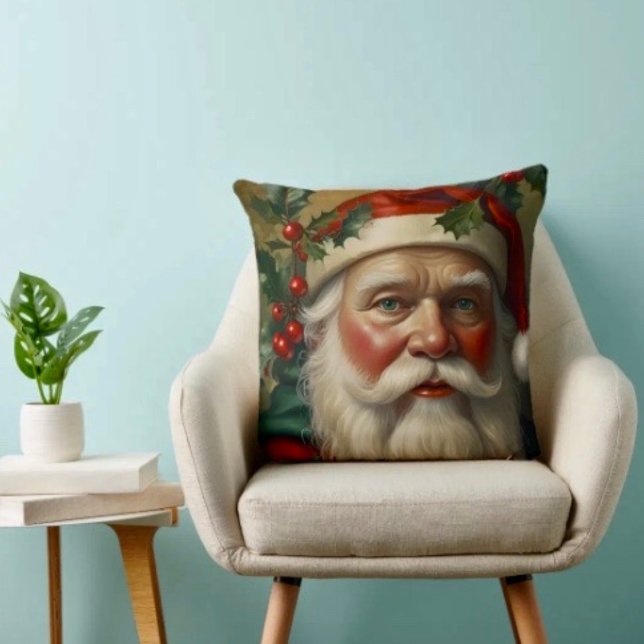 Santa With Mistletoe Cushion (Throw Pillow 100% polyester heavyweight stretch material. Hidden zipper Made in the USA.)