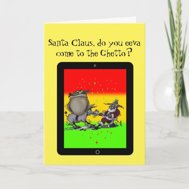 Santa with no reindeer holiday card (Front)