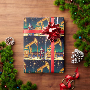 Santa With Oil Pump Jack With Christmas Lights Wrapping Paper