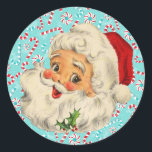 Santa with Peppermints Classic Round Sticker<br><div class="desc">Sweet Vintage Santa design of a Jolly Santa Claus against a turquoise background with peppermints and candy canes.</div>