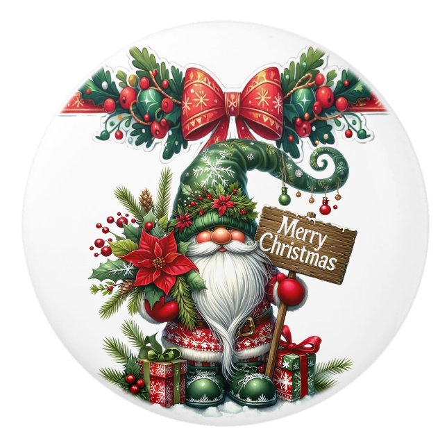 Santa with Poinsettia Christmas Ceramic Knob (Front)