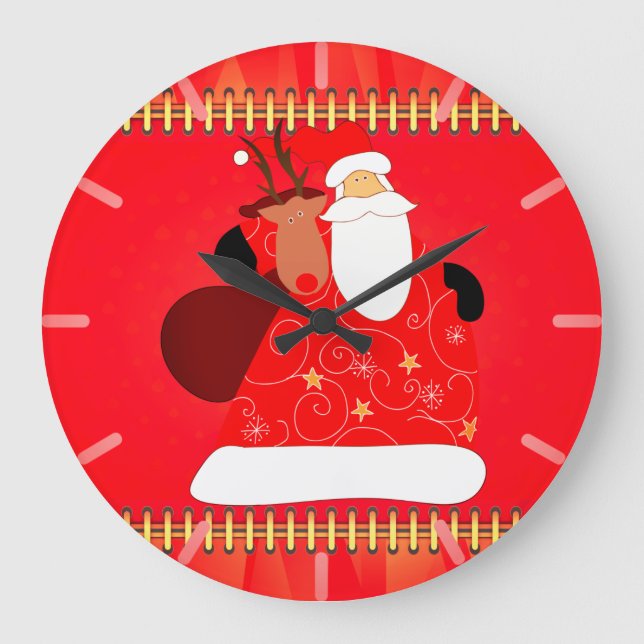 Santa with Reindeer Christmas Holidays   Large Clock (Front)