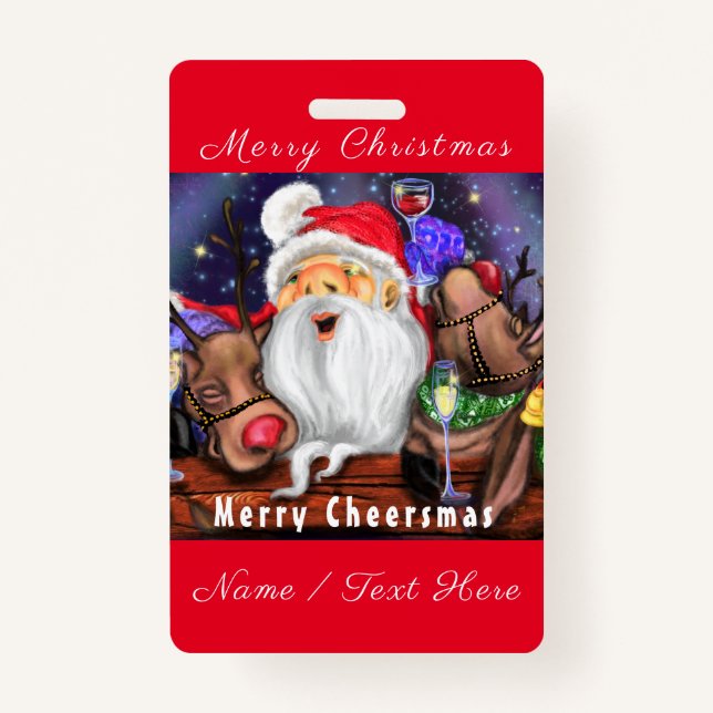 Santa with Reindeers Christmas Badge Custom Name ID Badge (Front)