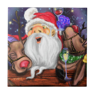 Santa with Reindeers Funny Christmas Ceramic Tile