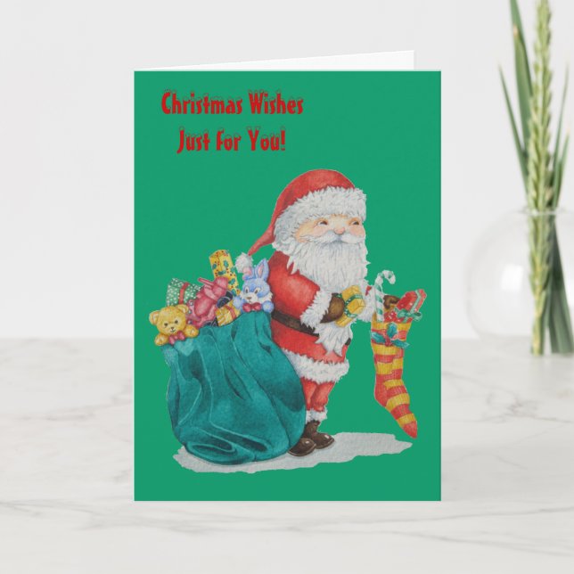 santa with sack and toys and gifts for christmas holiday card (Front)