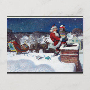 Santa with sleigh full of books, fine art painting postcard