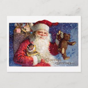 Santa with Teddy and Krampus in a Box Holiday Postcard