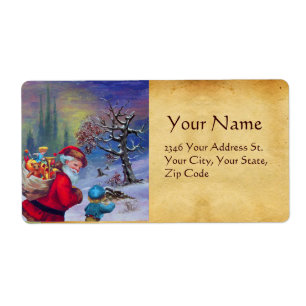 SANTA WITH TOYS AND CHILD IN THE WINTER SNOW
