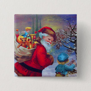 SANTA WITH TOYS AND CHILD IN THE WINTER SNOW  15 CM SQUARE BADGE