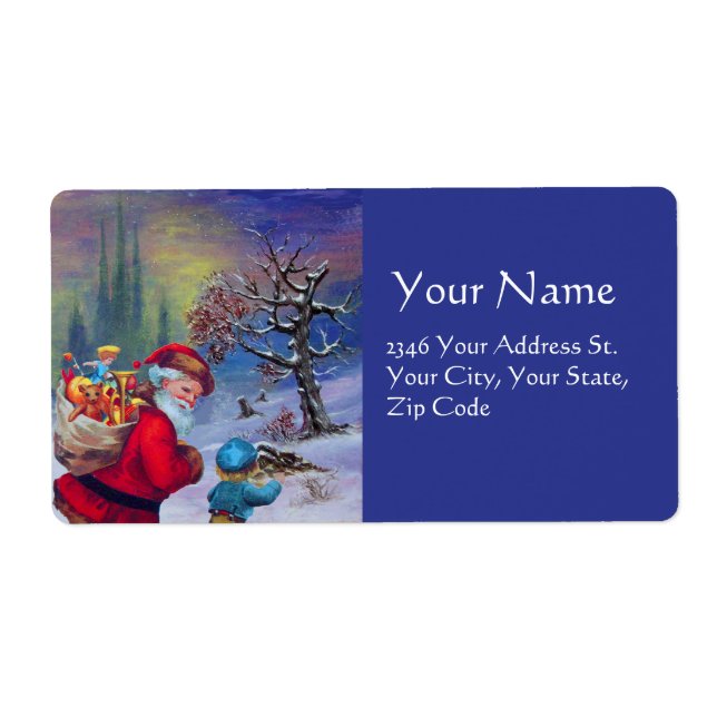 SANTA WITH TOYS AND CHILD IN THE WINTER SNOW Blue  (Front)