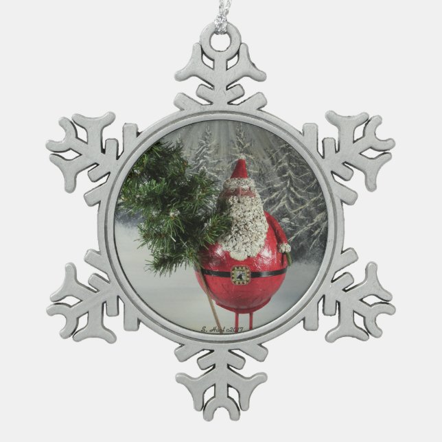 Santa With Tree Snowflake Pewter Christmas Ornament (Front)